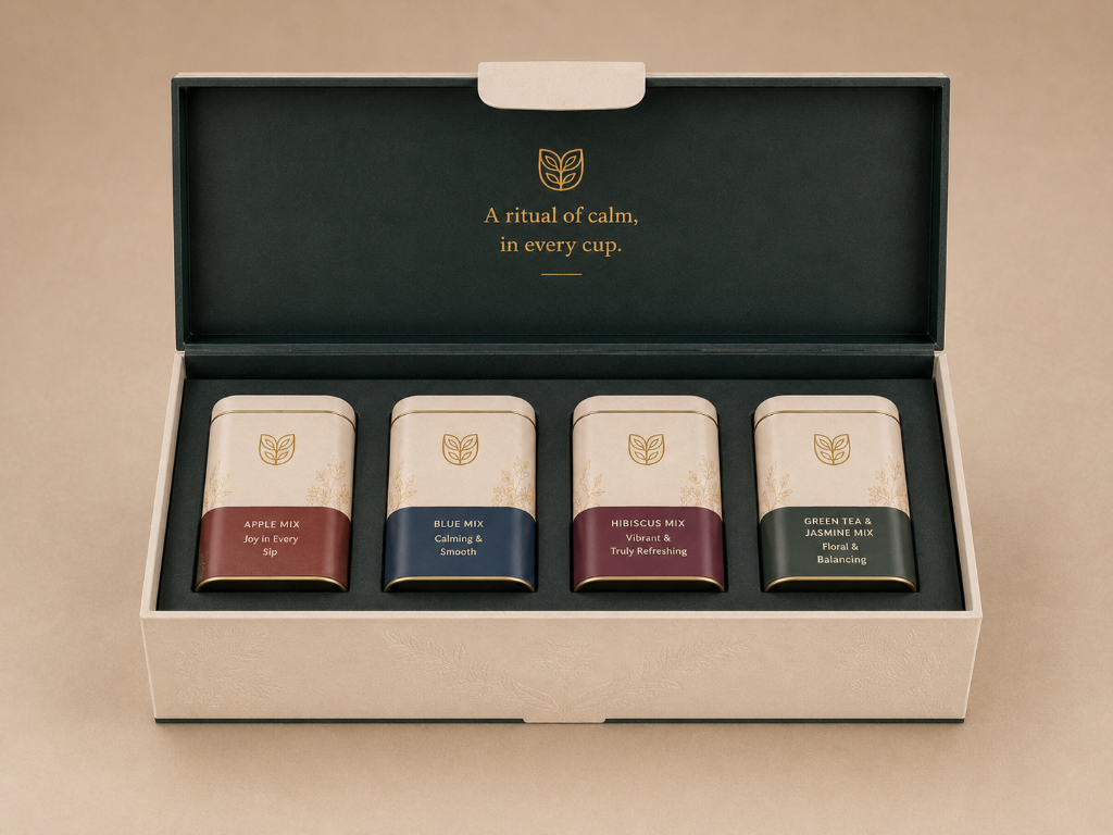 Open gift box with four tea jars