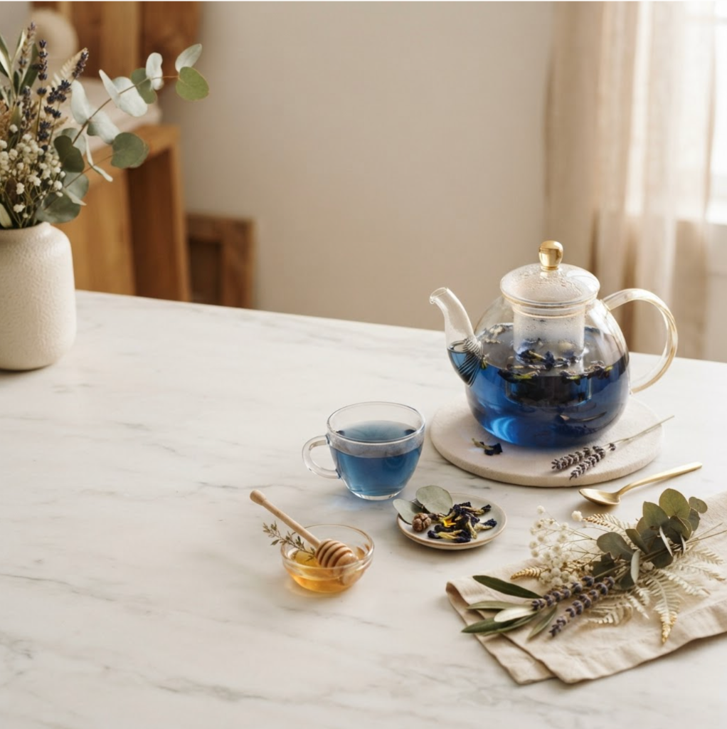 Butterfly pea tea in a glass teapot on a marble table