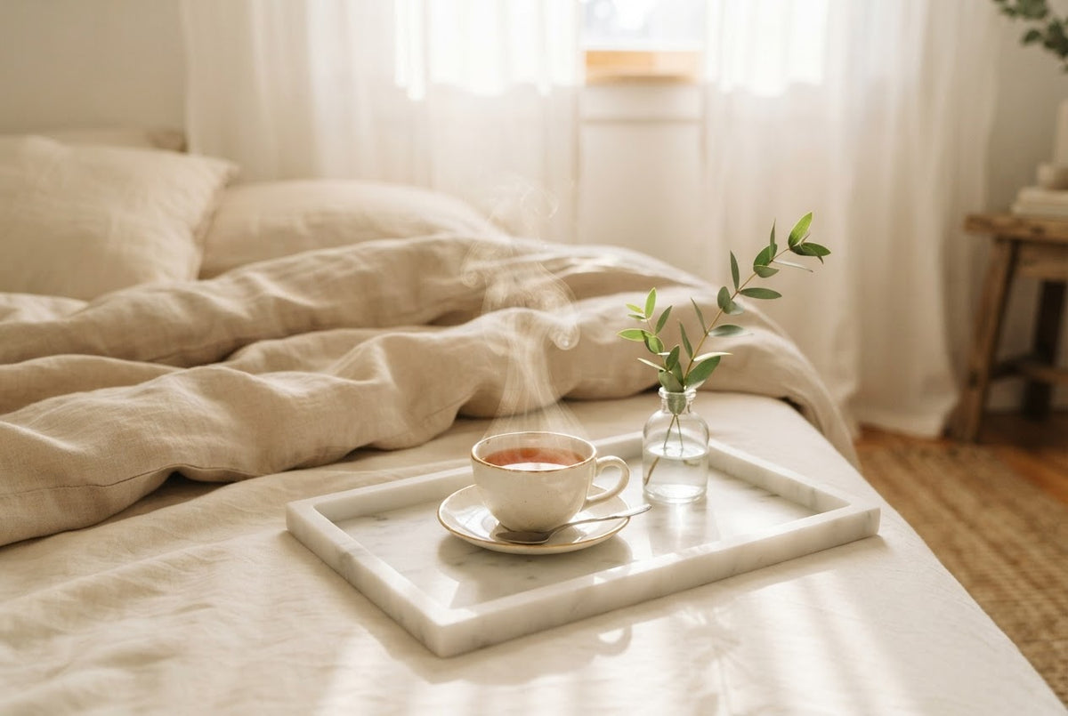 Sunlit morning tea scene