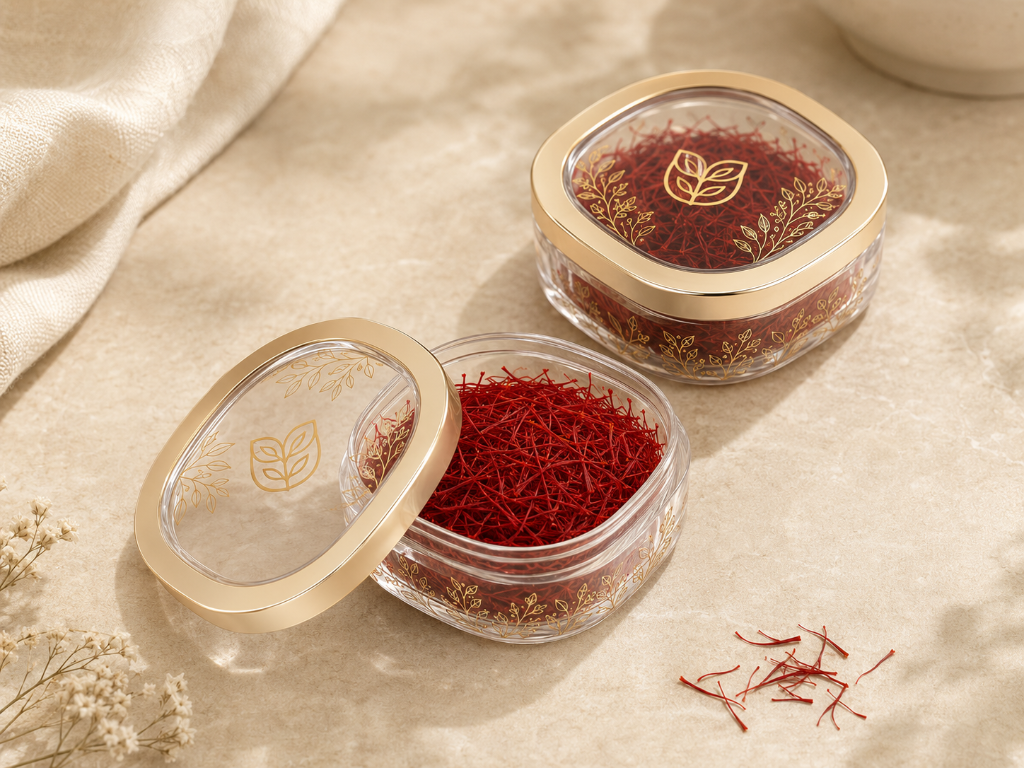 Saffron threads in glass jars