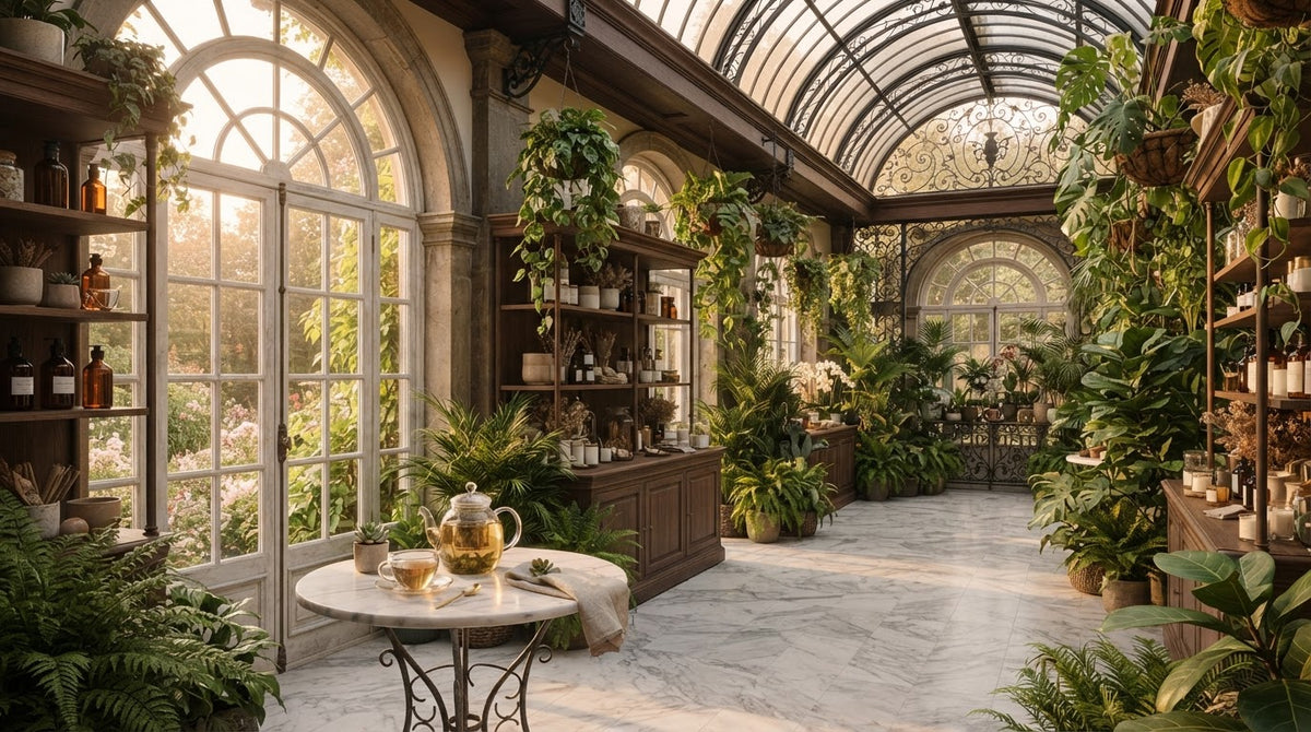 Sunlit botanical conservatory