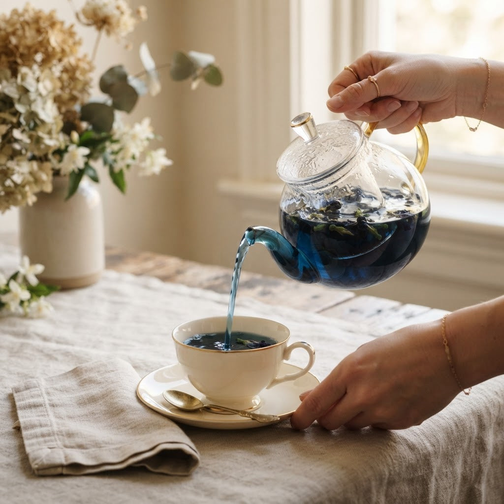 Pouring blue butterfly pea tea