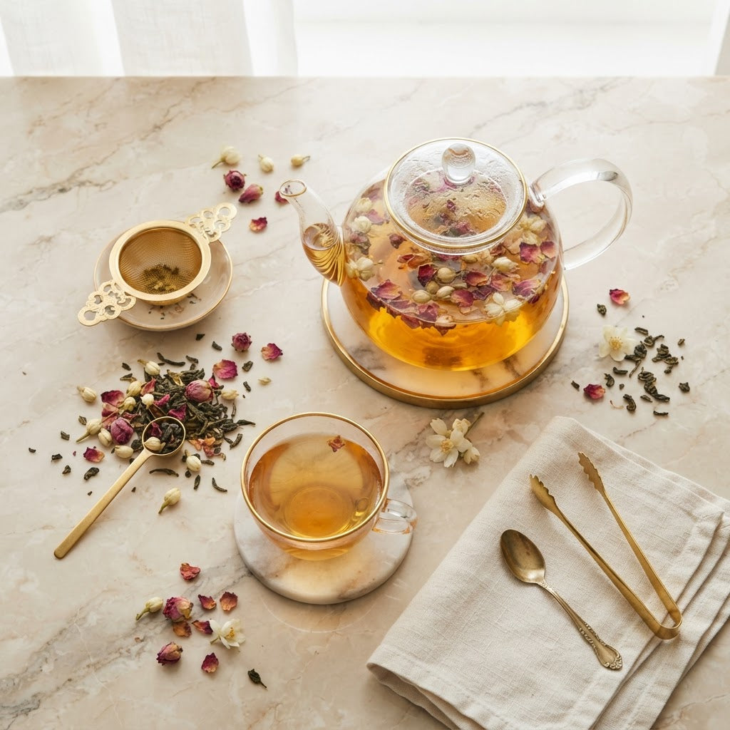 Tea ceremony flat lay with botanicals