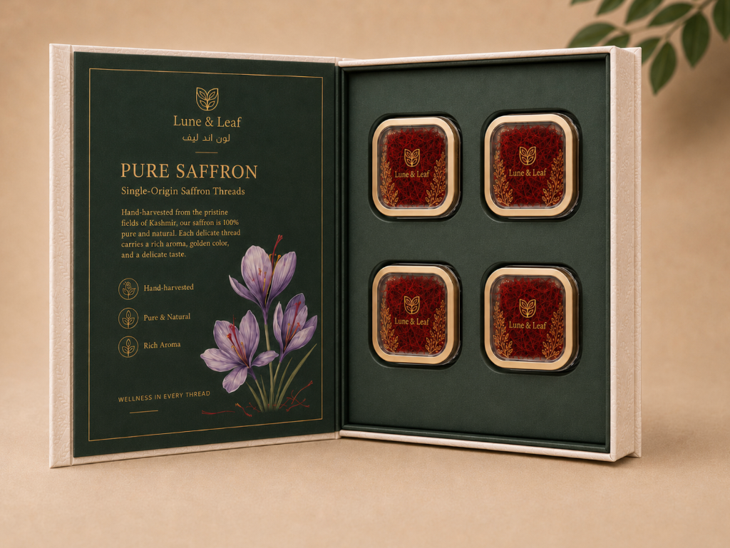 Open saffron gift box with four gold tins